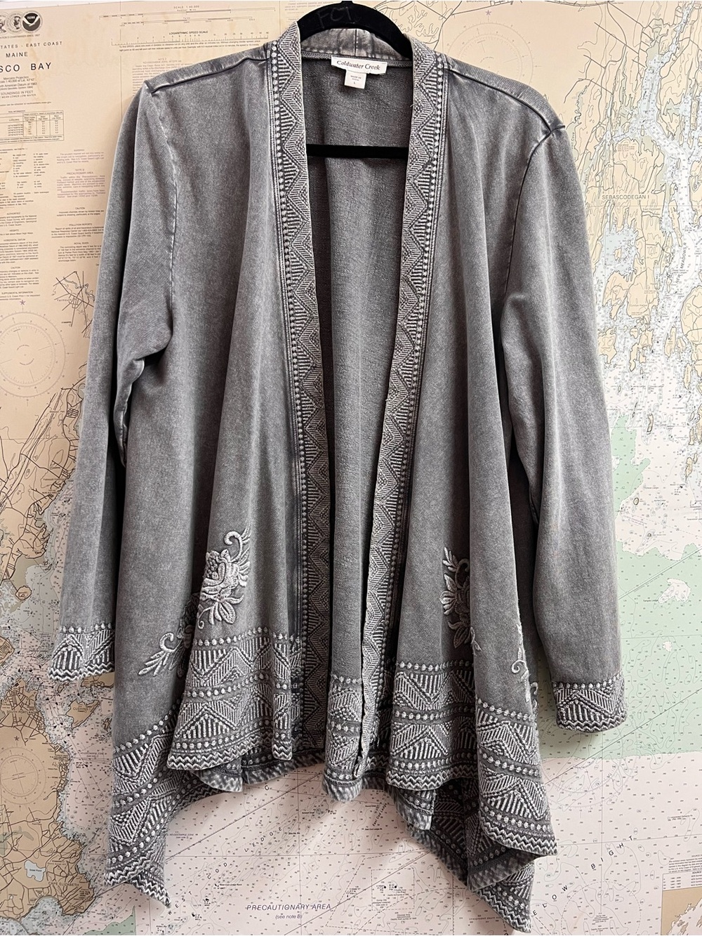 Coldwater Creek Embroidered Cardigan Women’s L Gray Boho Cottage Coastal Grandma